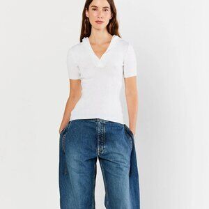 George Cream Ribbed V-Neck Top Siz2 4-6